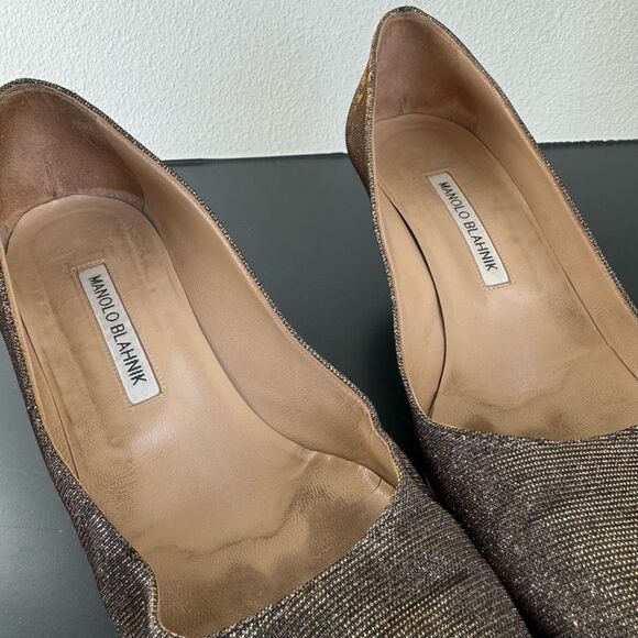 Manolo Blahnik Lurex Glitter Gold Metallic Pointed Kitten Heel Size 40 9.5 Party - Picture 5 of 15